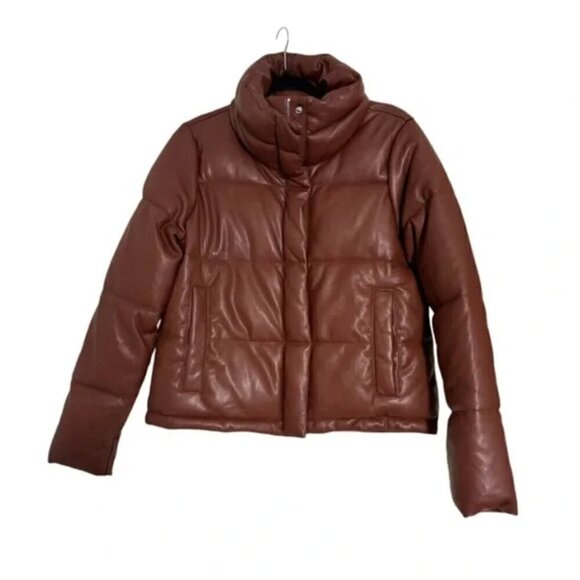 Abercrombie & Fitch - Mini Puffer Coat Jacket Vegan Leather Brown- MED🤎 - Picture 5 of 9